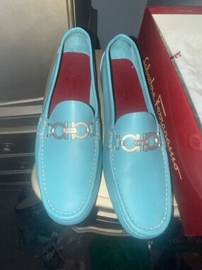 Salvatore Ferragamo Turquoise Leather Gancini Loafers